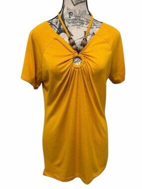 Lena Boho Chic Fashion Brass Tone Beaded Neck Tie Ruched Blouse size M